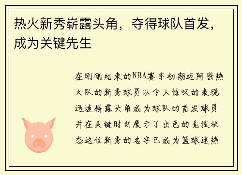 热火新秀崭露头角，夺得球队首发，成为关键先生