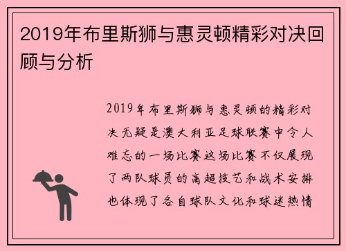 2019年布里斯狮与惠灵顿精彩对决回顾与分析