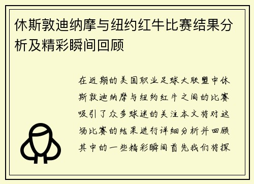休斯敦迪纳摩与纽约红牛比赛结果分析及精彩瞬间回顾